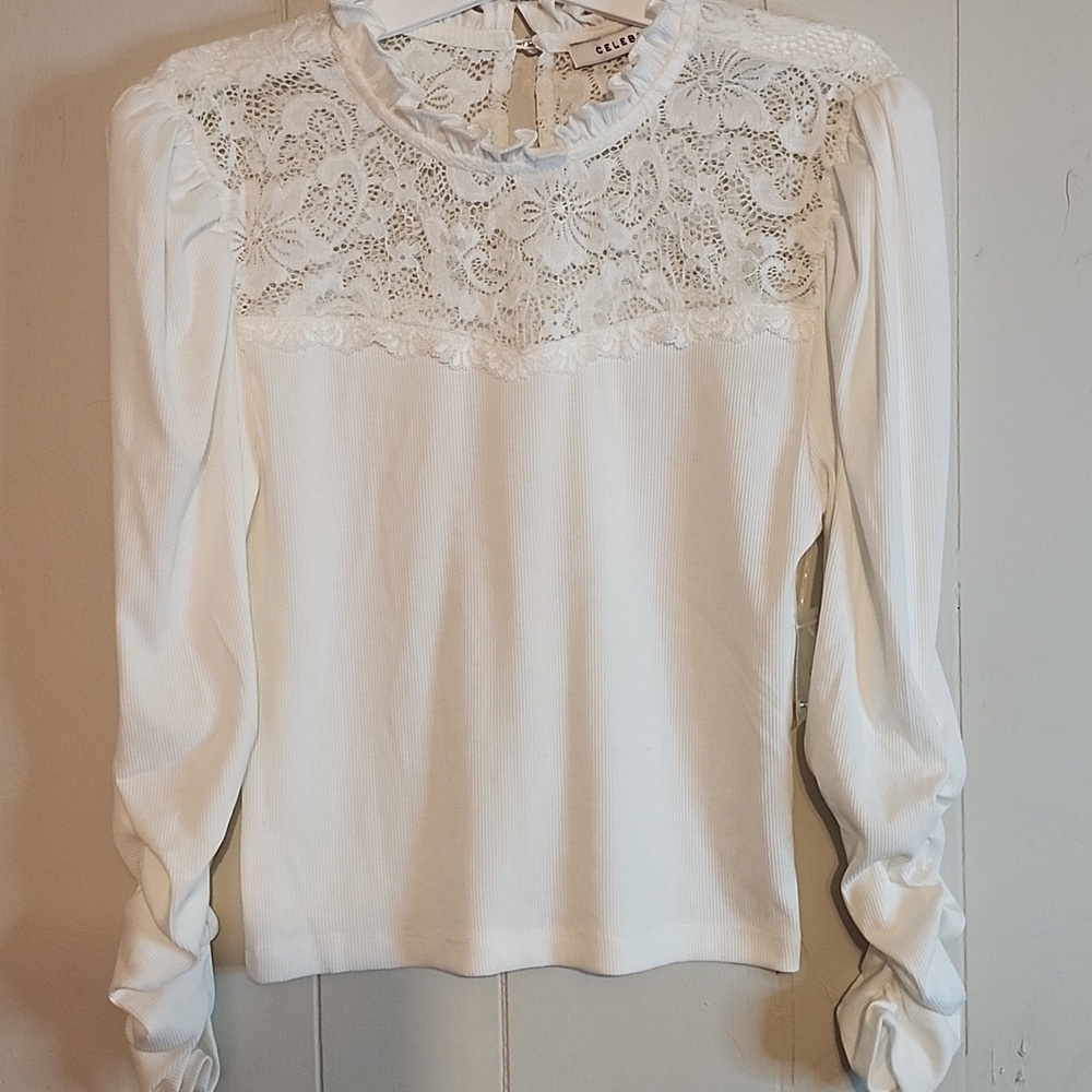 Celebrity Pink White Fitted Embellished Blouse - Picture 7 of 8